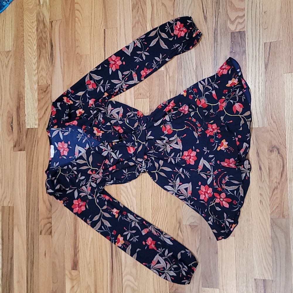 A'gaci Women's Navy Blue Floral Print V Neck Long Sleeve Wrap Mini Belted Dress.